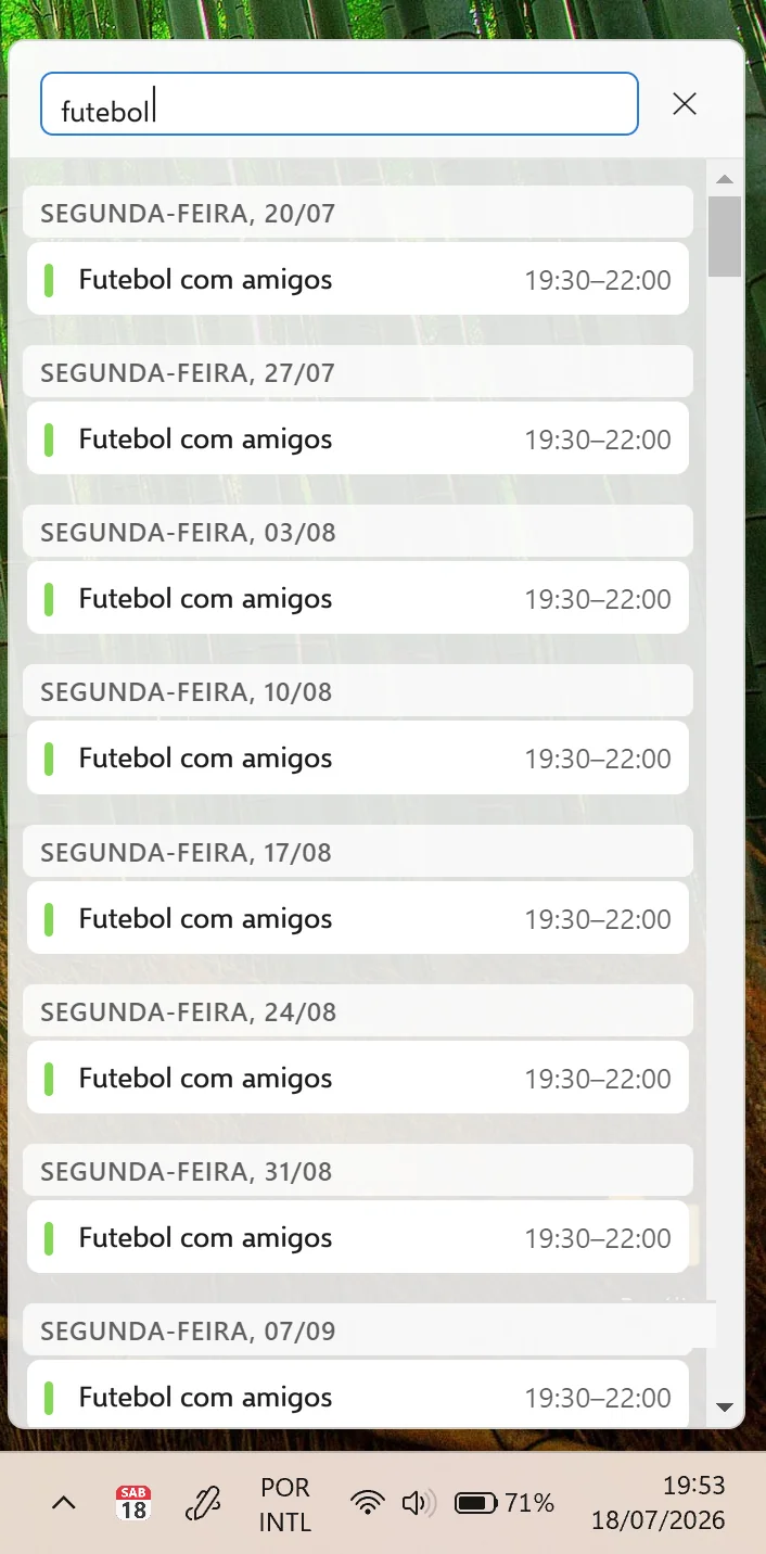 Busca aberta no flyout, listando eventos encontrados em todos os calendários conectados