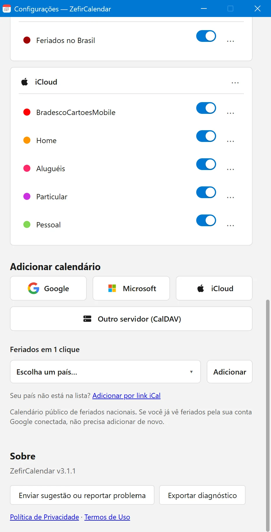 Janela de configurações do ZefirCalendar com as contas iCloud, Google e Microsoft conectadas