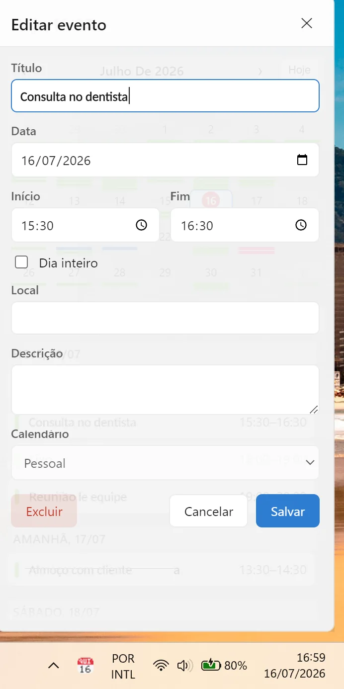 Janela Editar evento, com campos de título, data, horários de início e fim, local, descrição e escolha do calendário