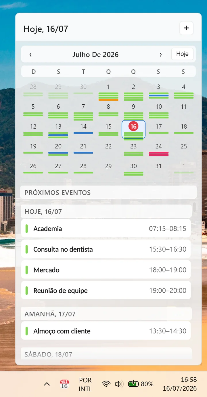 Flyout do ZefirCalendar aberto sobre a barra de tarefas do Windows 11, com o calendário mensal e a lista de próximos eventos