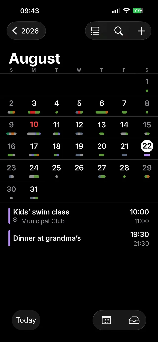 iPhone Calendar showing Saturday with the shared calendar’s events