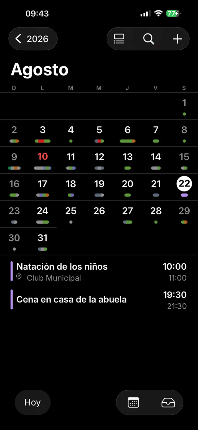 Calendario del iPhone mostrando el sábado con los eventos del calendario compartido