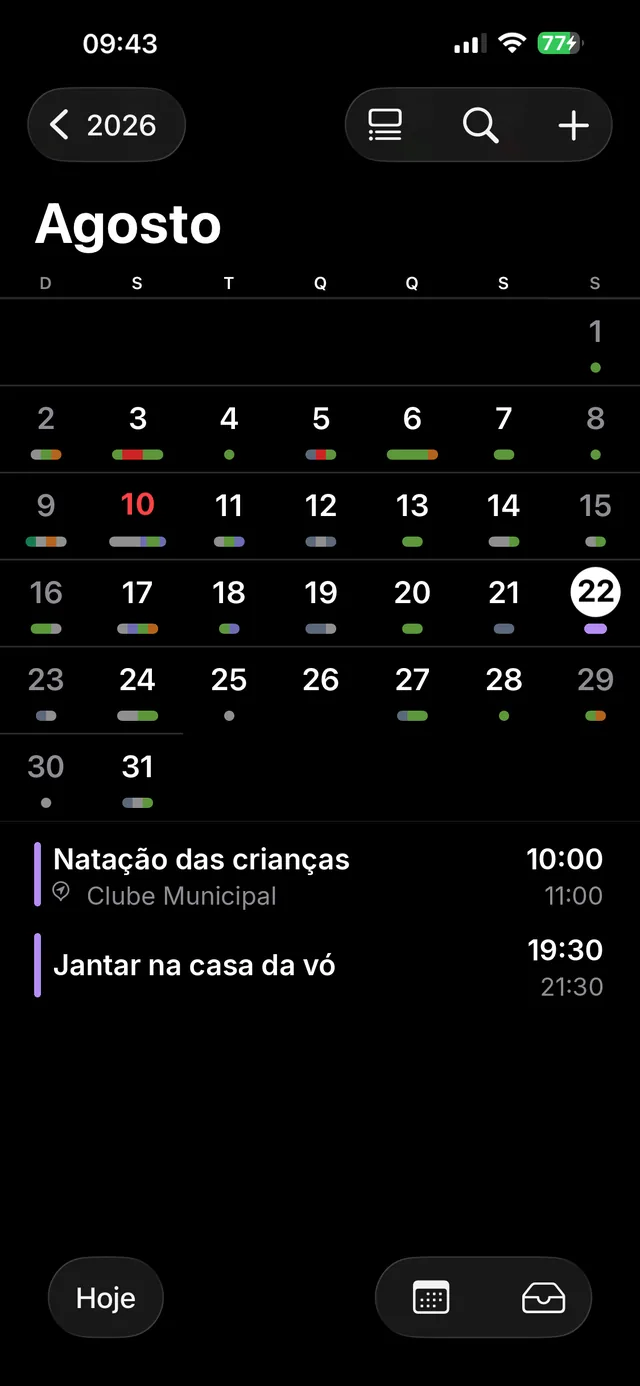Calendário do iPhone mostrando o sábado com os eventos do calendário compartilhado
