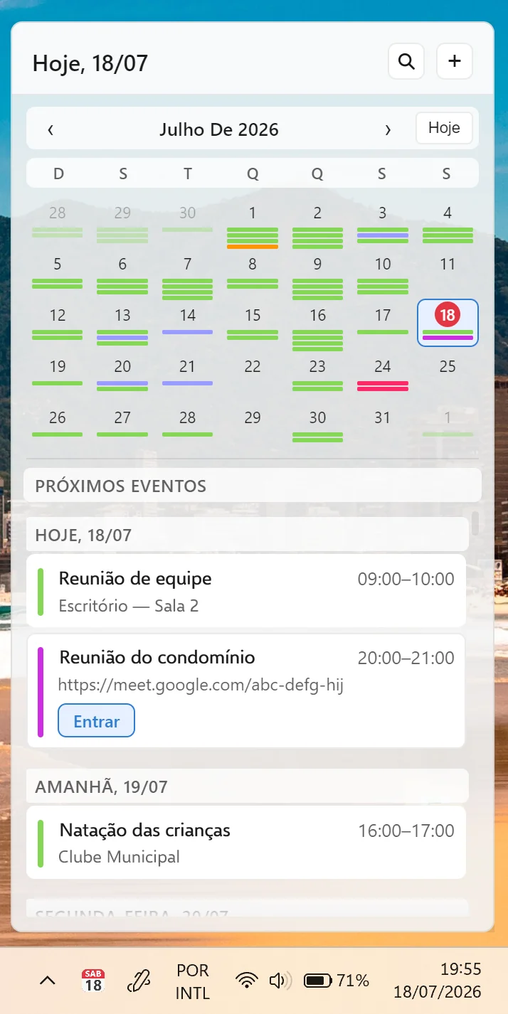 Evento com link do Google Meet e o botão de entrar, dentro do flyout