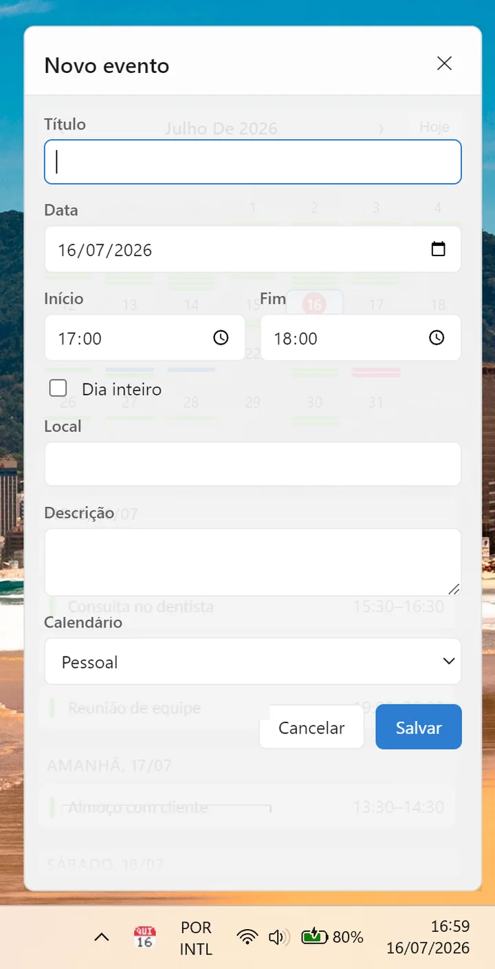 Janela Novo evento para criar um compromisso, com escolha do calendário onde salvar